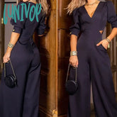 Lunivop Jumpsuit Bubble Short Sleeve V Neck Hollow Loose Wide Legs Casual Fashion Pants With